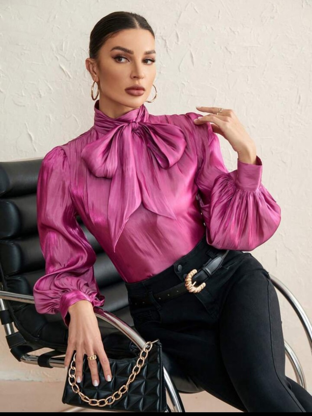 Aveloria Metallic Magenta Pleated
Long Sleeve Bow Neck Blouse - Picture 16 of 16